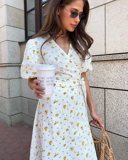 Summer Women Psrinted Dress Lace Up Short Sleeve Fashion Office Lady Long Dress 100% Cotton Daily Casual V-neck Skirt