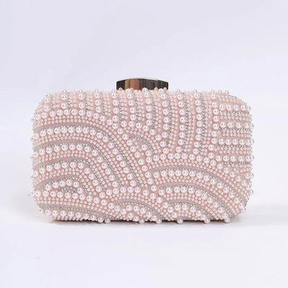 Ladies Pearl Elegant Evening Bag Fashionable Stylish Beading Wedding Dinner Party Banquet  Dress Clutch Bag with Long Chain