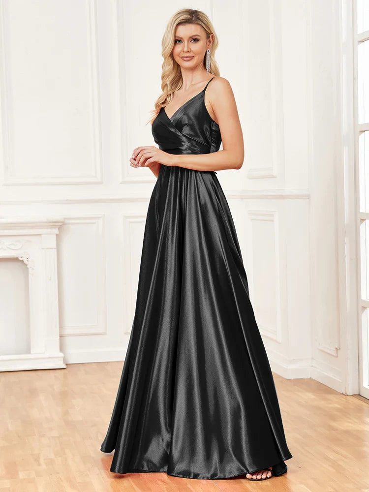 Luxury V-Neck Satin Sleeveless Blue Formal Evening Dress 2024 Women Elegant Sexy Slip Wedding Party Long Prom Dress