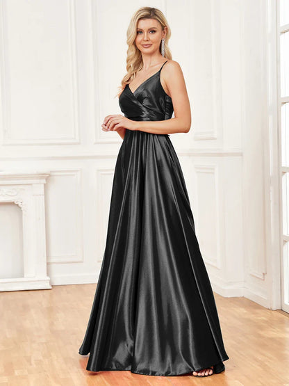 Luxury V-Neck Satin Sleeveless Blue Formal Evening Dress 2024 Women Elegant Sexy Slip Wedding Party Long Prom Dress