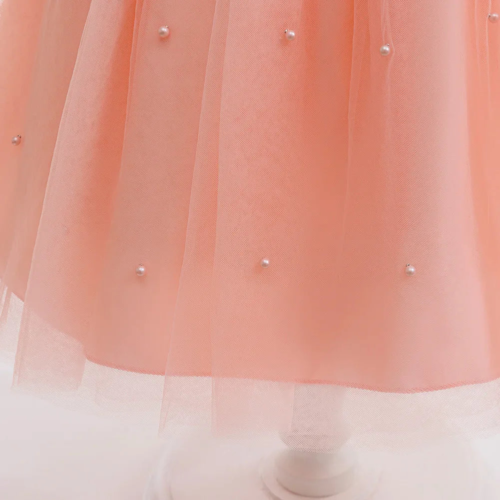Girls White Wedding Pearls Elegant Pageant Princess Dress For Girls Backless Big Bow Wedding Bridesmaid Birthday Party Ball Gown