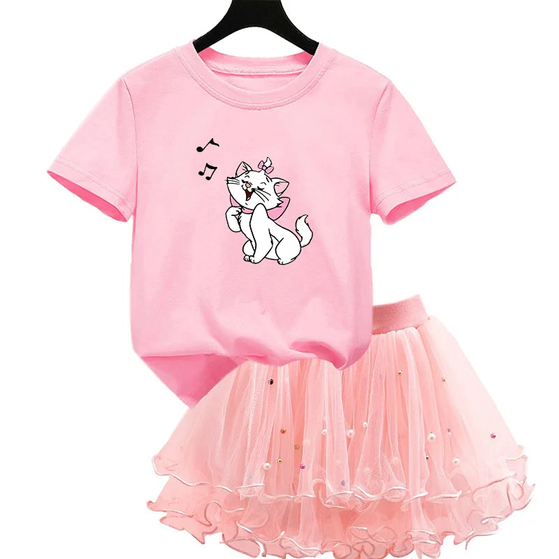 The Aristocats Marie Cat 2Pcs/Set Girl Dress Kid Birthday Clothes Party Princess Dress T-shirt+Tutu Skirt Summer Christmas Gift