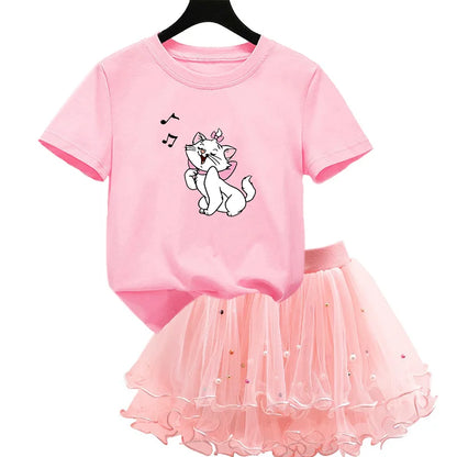 The Aristocats Marie Cat 2Pcs/Set Girl Dress Kid Birthday Clothes Party Princess Dress T-shirt+Tutu Skirt Summer Christmas Gift
