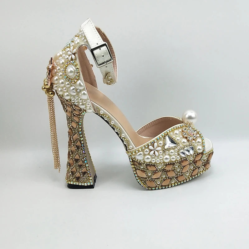 Luxury Champagne Golden Crystal wedding shoes matching bags woman fashion Thick heel Women party dress shoes Pointed Toe shoes