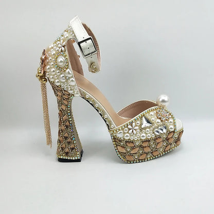 Luxury Champagne Golden Crystal wedding shoes matching bags woman fashion Thick heel Women party dress shoes Pointed Toe shoes
