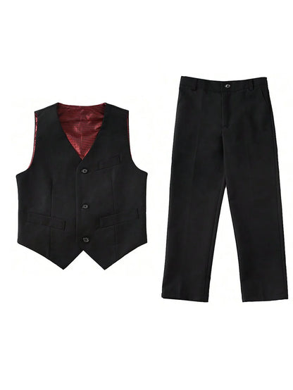 4pcs/set Boys' Suit Set With Pants, Vest, Shirt And Tie School Uniforms