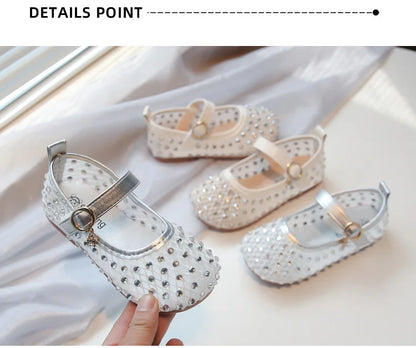 2026Summer Girl's Sandals Crystal Air Mesh Biege Sliver Luxury Kids Flat Shoes Beautiful Party Graceful Anti-skid Childern Shoes