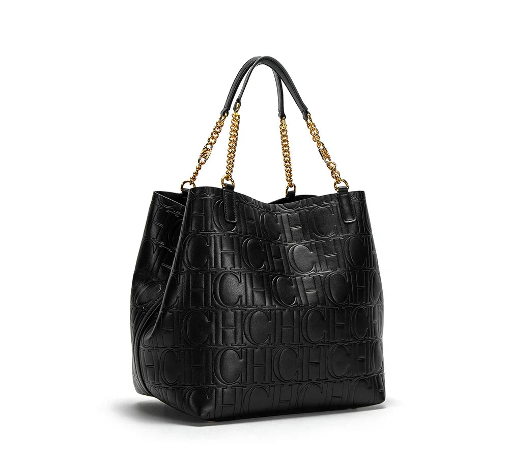 Embossed Logo Tote Bag Spacious Interior Chain Accent Top Handle Bag Casual Daily Outings Weekend Trips