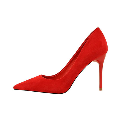 Women 9cm High Heels Pumps Stripper Flock Suede Plus Size Escarpins Lady Wedding Bridal Heels Escarpins Green Blue Yellow Shoes