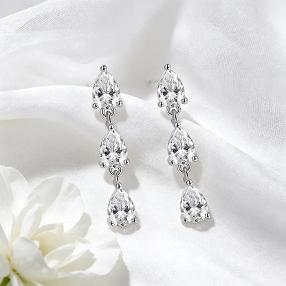 4*6MM Pear Cut Women Full Moissanite Drop Earrings for Girls 3 Gems Dating Jewelry S925 Solid Silver Lab Diamond Gift