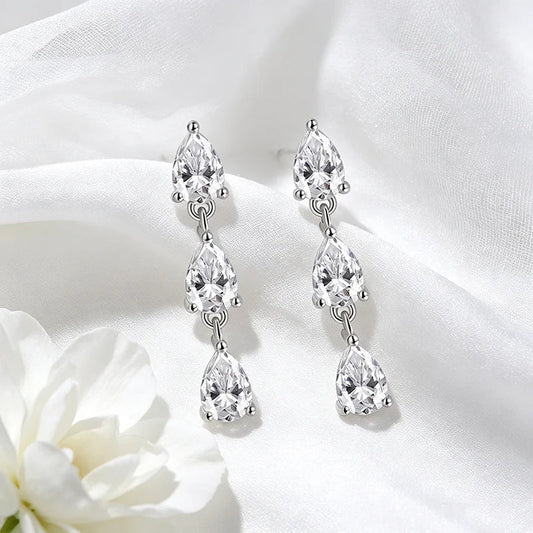 4*6MM Pear Cut Women Full Moissanite Drop Earrings for Girls 3 Gems Dating Jewelry S925 Solid Silver Lab Diamond Gift