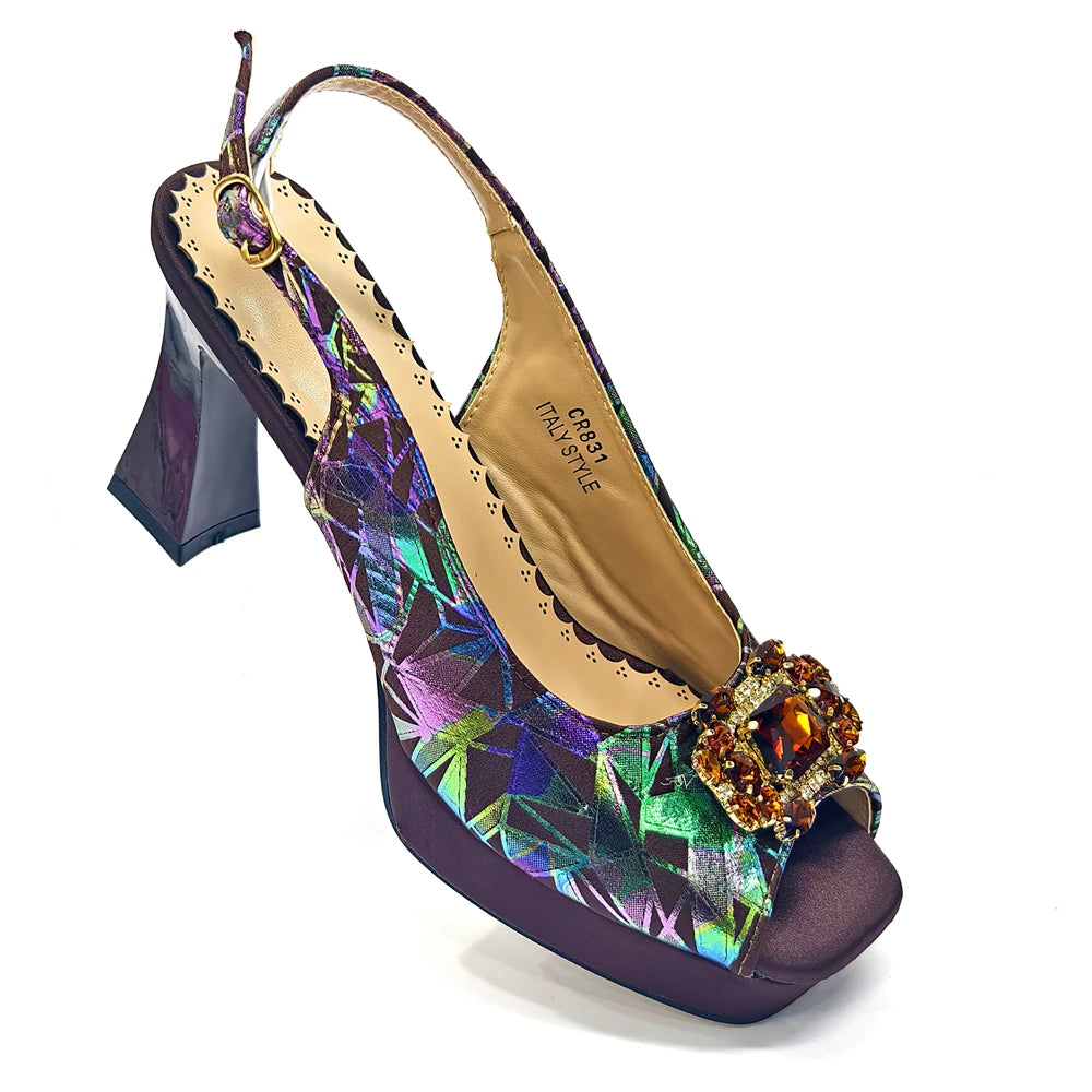 Elegant Women Heels for Peep Toe Good Material Design Rhinestone Fuchsia Sandals Italian Shoes and Bags Matching Set 2025