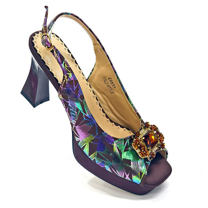 Elegant Women Heels for Peep Toe Good Material Design Rhinestone Fuchsia Sandals Italian Shoes and Bags Matching Set 2025