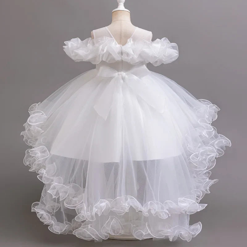 Purple Flower Bridesmaid Princess Dress For Girls Children Costumes Trailing Party Dresses Girls Dress Beaded Wedding Gown