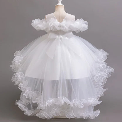 Purple Flower Bridesmaid Princess Dress For Girls Children Costumes Trailing Party Dresses Girls Dress Beaded Wedding Gown