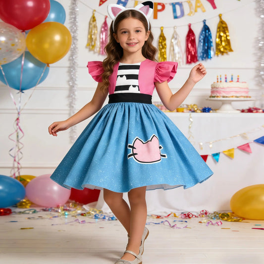 Summer Kids Gabby's Dollhouse Cats Princess Dress With Ears Headwear Carnival Birthday Party Fancy Gabby Girls Striped Vestidos