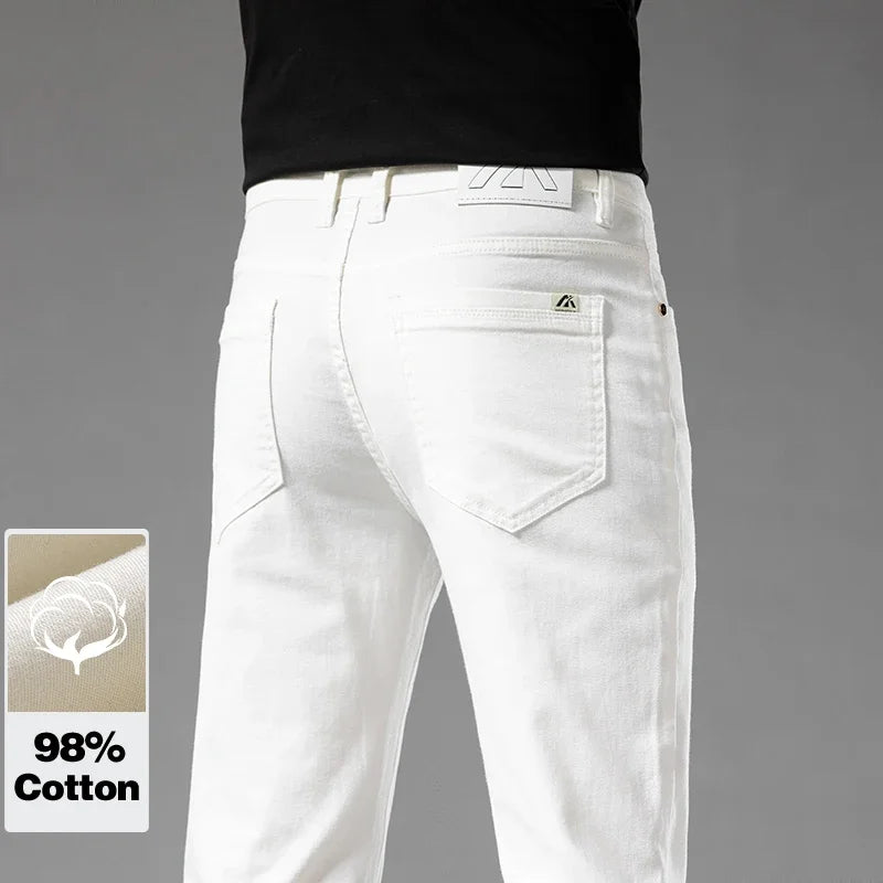 White Summer Men's Slim Jeans Classic Business Fashion High Quality Cotton Stretch Denim Pants Brand Trousers