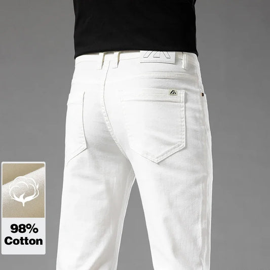 White Summer Men's Slim Jeans Classic Business Fashion High Quality Cotton Stretch Denim Pants Brand Trousers