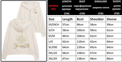 70th Anniversary Castle Mickey Mouse Letter Print Embroidery Fleece Sweatshirt Unisex Women Zip Up Jacket Jumper Tops