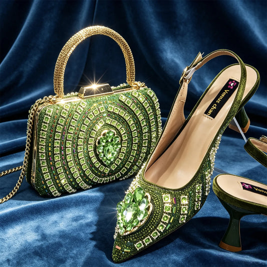Olive Green Italian Butterfly Design Pointed Toe Slingback Sandals with Matching Bag - Elegant Set Perfect
