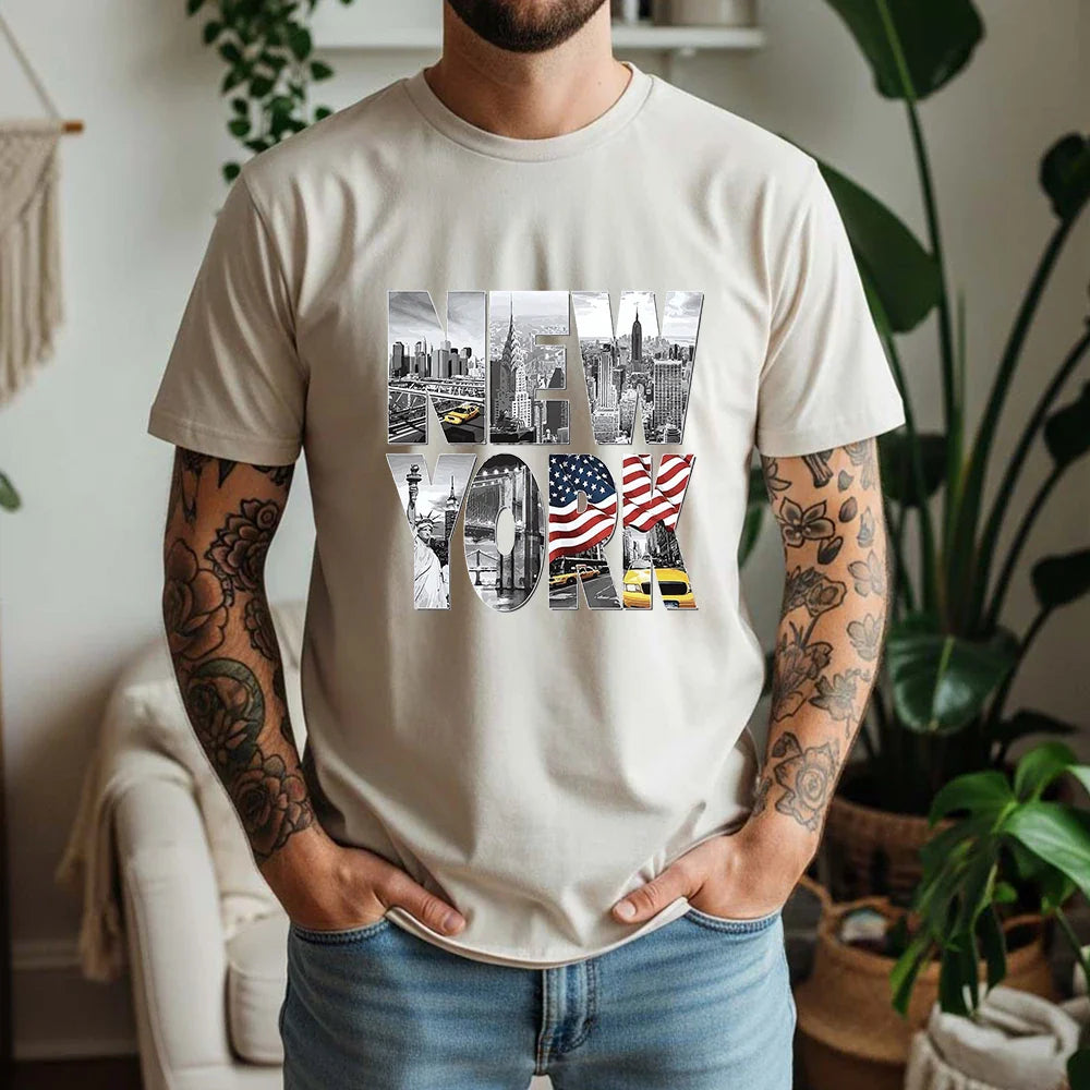 New Summer 100% Cotton T-Shirt New York City Landmark Letter Retro American Street Style Oversized Breathable Short Sleeve