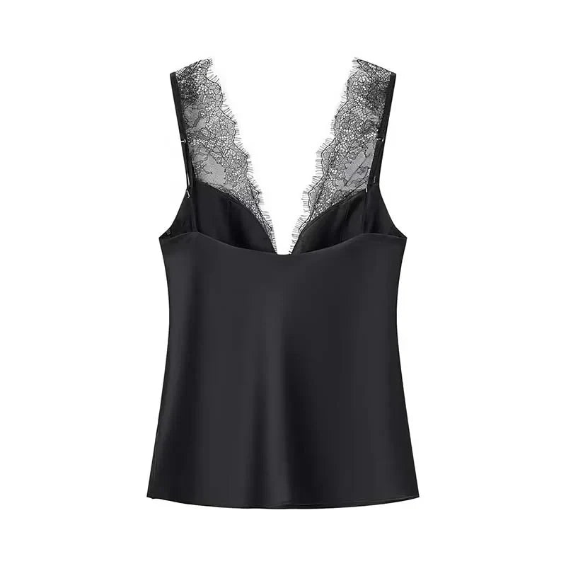Black Satin Lace V-Neck Camisole Top for Women Cropped Y2k Harajuku Fashion Elegant Sleeveless Shirt Blouse Female