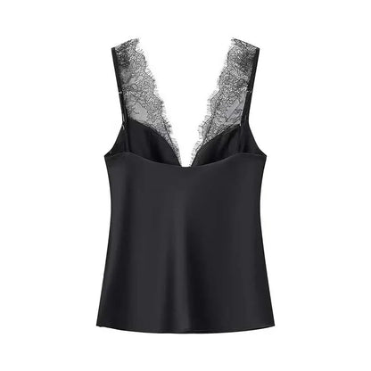 Black Satin Lace V-Neck Camisole Top for Women Cropped Y2k Harajuku Fashion Elegant Sleeveless Shirt Blouse Female