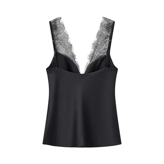 Black Satin Lace V-Neck Camisole Top for Women Cropped Y2k Harajuku Fashion Elegant Sleeveless Shirt Blouse Female