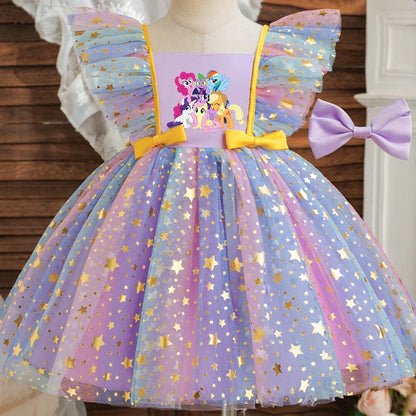 Vestido de Princesa My Little Pony para Meninas Lantejoulas Estrela Babados Laço Tutu Roupa Formal de Bebê Baile Gala Fantasia Infantil para Festas