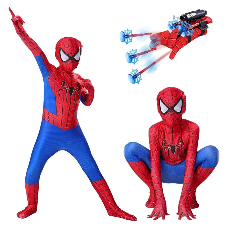 High Quality Kids Superhero Costume Spider Man Jumpsuit with Web Shooter Halloween Performance Outfit Holiday Gifts Boys Girls