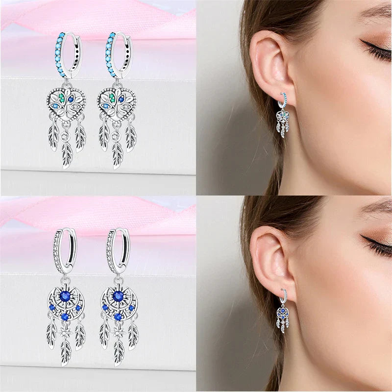 New in 925 Silver Romantic Feather Moon Stars Dream Catcher Earrings For Women Trending Fashion Jewelry Creative Birthday Gifts