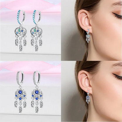 New in 925 Silver Romantic Feather Moon Stars Dream Catcher Earrings For Women Trending Fashion Jewelry Creative Birthday Gifts