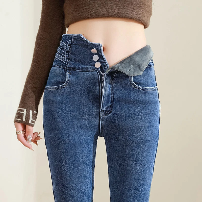 High Waisted Skinny Pants Fashion Korean Black Blue Stretch Denim Trousers