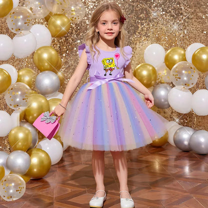 Sweet Girls Flying Sleeves Bow Sequin Dress Kids Baby Girl Birthday Party Fluffy Tutu Princess Dress 1-5Y