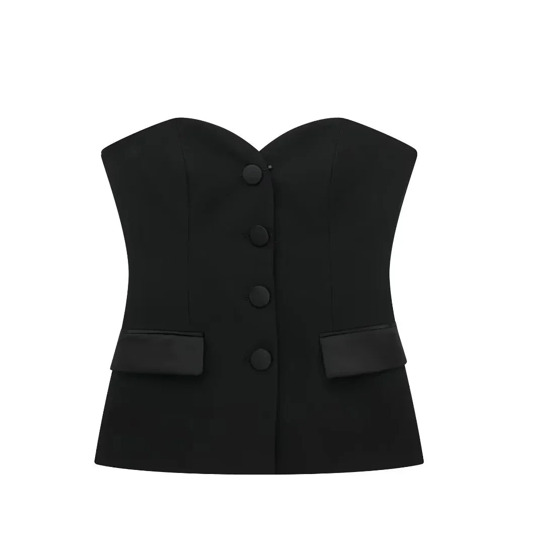 Summer Women Elegant White Top Front Button Corset Tube Top Strapless Sleeveless 2024 Fashion Y2k Female Chic Top