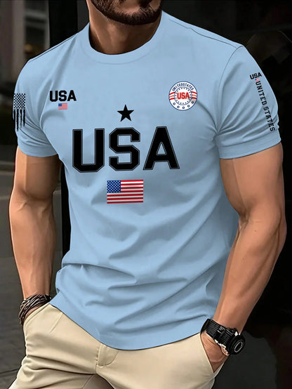 New  Men's Short-Sleeved Round-Neck T-shirt with USA Flag Print - Fashionable Trendy Summer Running and Sports T-shirt
