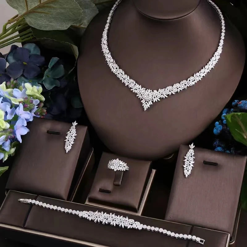 4 pieces of bride zirconia full set of women's party jewelry, luxury Dubai Nigeria CZ luxury crystal wedding necklace set