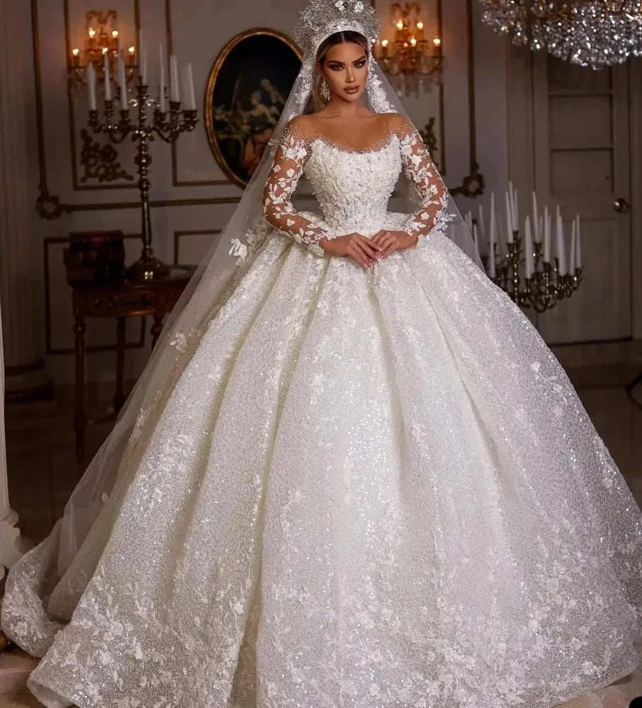 Luxury Princess Wedding Dresses Vintage Bridal Gown Beading Shinny Tulle Long Sleeves Robe Elegant Pretty Dress Customized