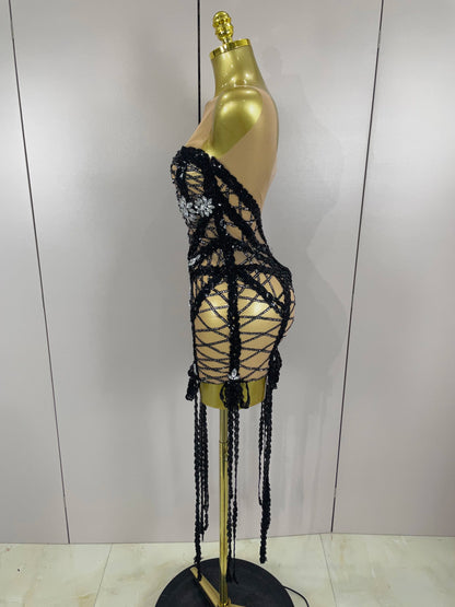 Sparkle Sequins Embroider Sparking Diamonds Long Tassel Sleeveless Mini Dress Women Red Carpet Goddess Stage Performance Costume