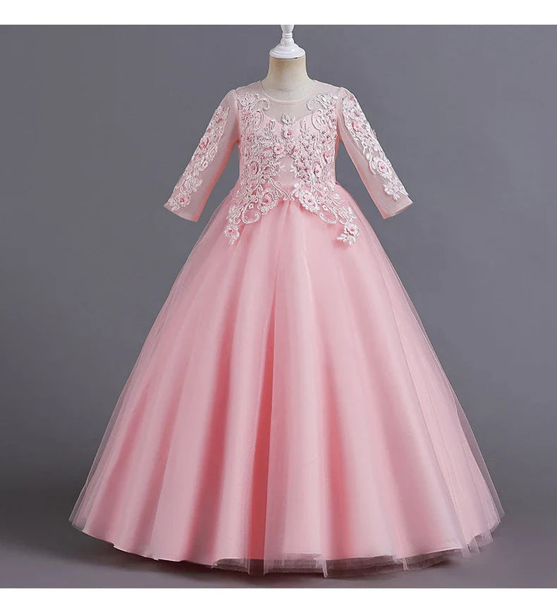 New Slim short sleeve fashion girls dress 3-12 years old Fluffy white wedding Sweet Princess dress lace