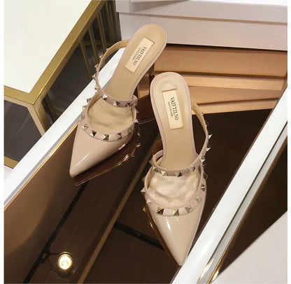 2025 New Genuine Leather Gladiator Pumps Sandals Luxury Metal Rivets Summer Women Outdoor Slippers Black Fashion High Heels 41