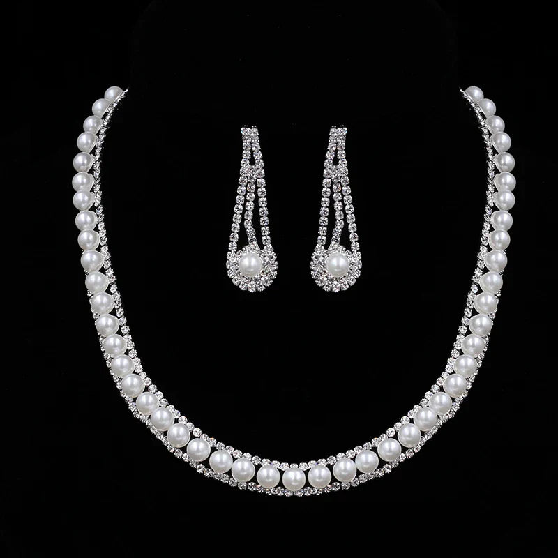 Silver Color Pearl Crystal Bridal Jewelry Sets Wave Shape Choker Necklace Earrings Sets for Women Wedding Jewelry Sets