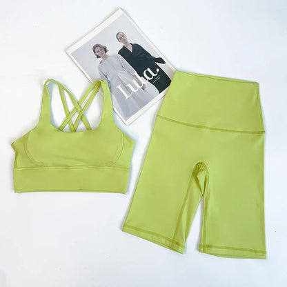 2 Pieces Yoga Shorts Gym Sports Sets Women Fitness Suits Cross Back Bra Top High Waist Shorts Running Workout Clothes Tracksuit