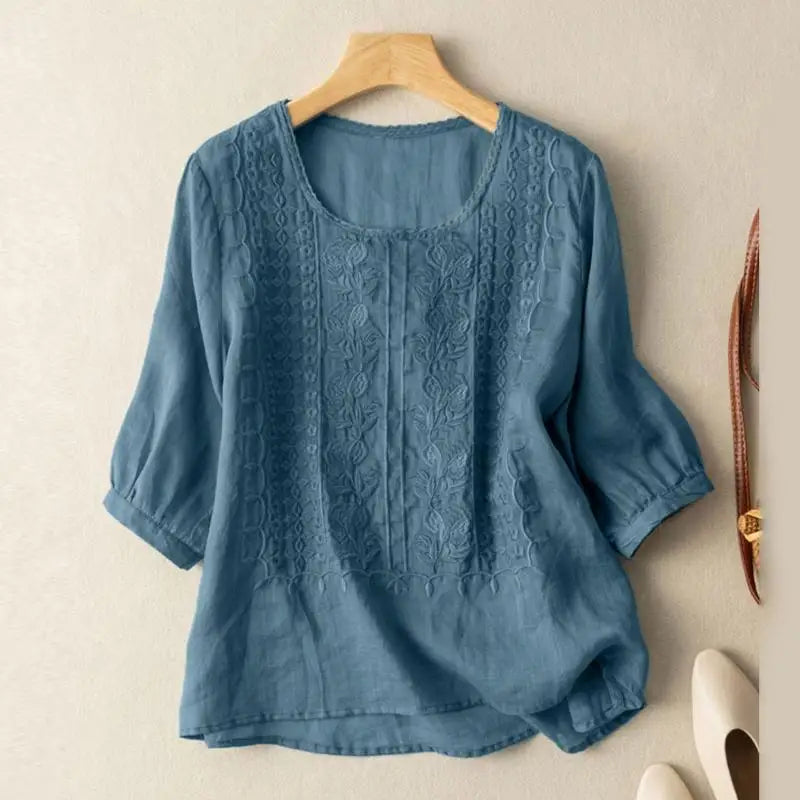 Elegant Women Embroidered Blouses Autumn 2024 3/4 Puff Sleeve Transparent Blusas Mujer Casual Vintage Cotton Shirts Tops