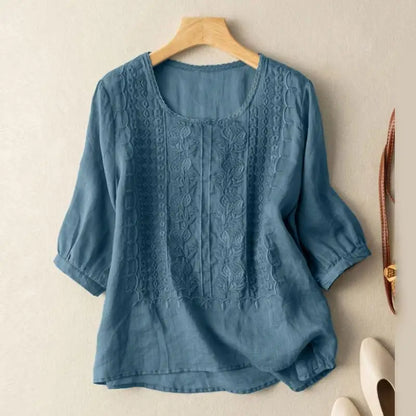 Elegant Women Embroidered Blouses Autumn 2024 3/4 Puff Sleeve Transparent Blusas Mujer Casual Vintage Cotton Shirts Tops