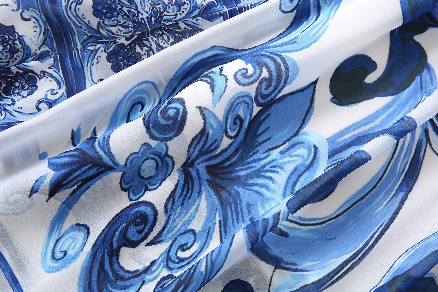 Red Blue And White Porcelain Print Holiday Dress Summer Vintage Bohemia Dress Women's  Loose Lace Up Belt Long Robe Vestido