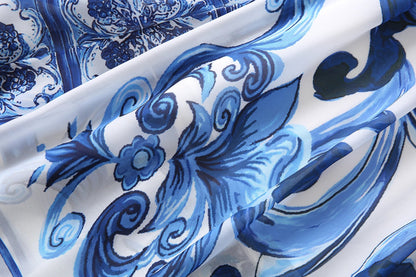 Red Blue And White Porcelain Print Holiday Dress Summer Vintage Bohemia Dress Women's  Loose Lace Up Belt Long Robe Vestido