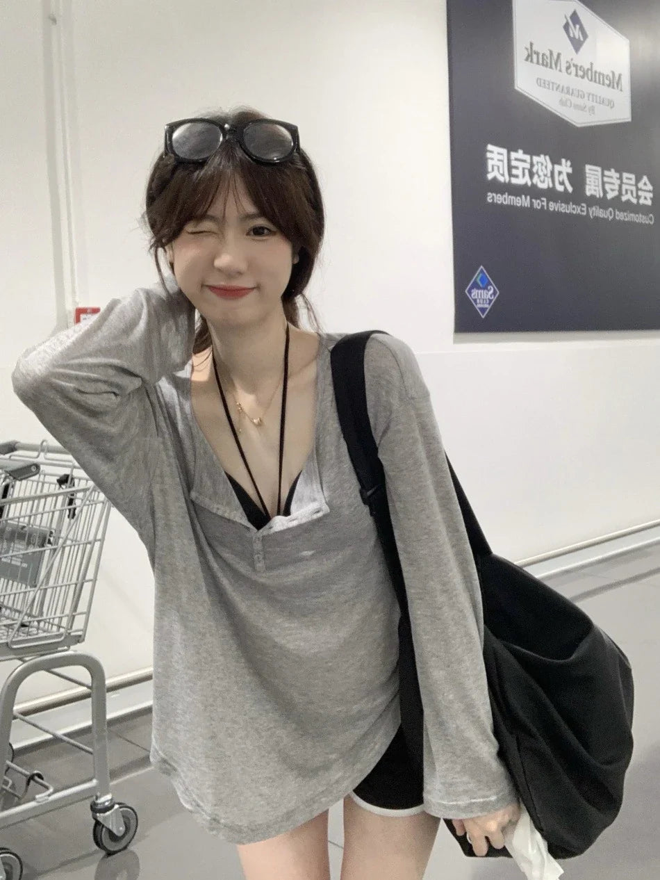 T Shirts Women Slash Neck Long Sleeve Tops Solid Stretch Women's Summer Sexy Club Tshirt Korean Loose Tees Streetwear Clothes