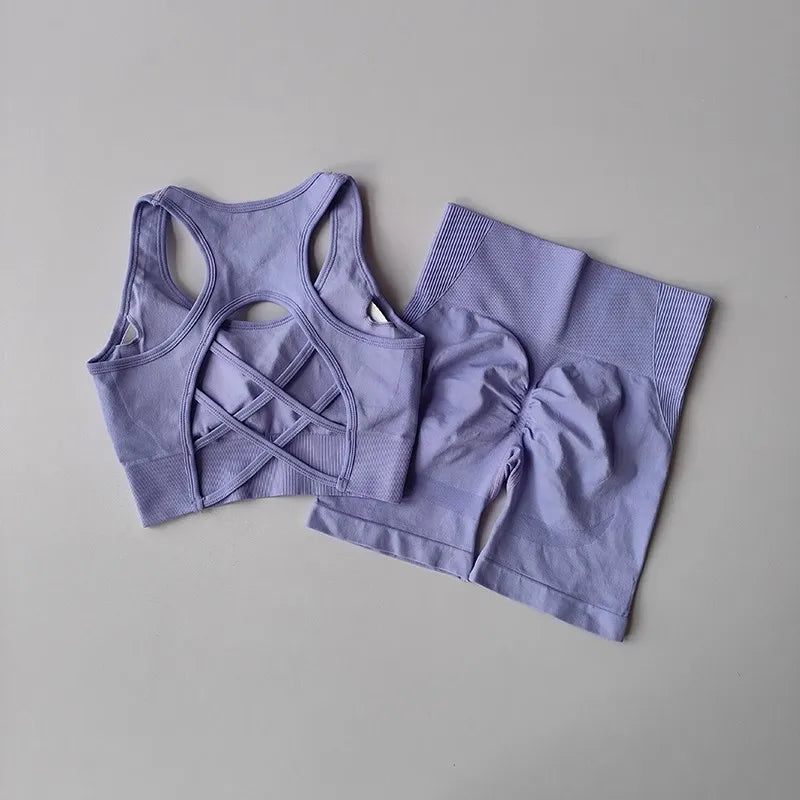 Women's yoga exercise set, paired with cross gathered back and high waisted hip lifting sports shorts