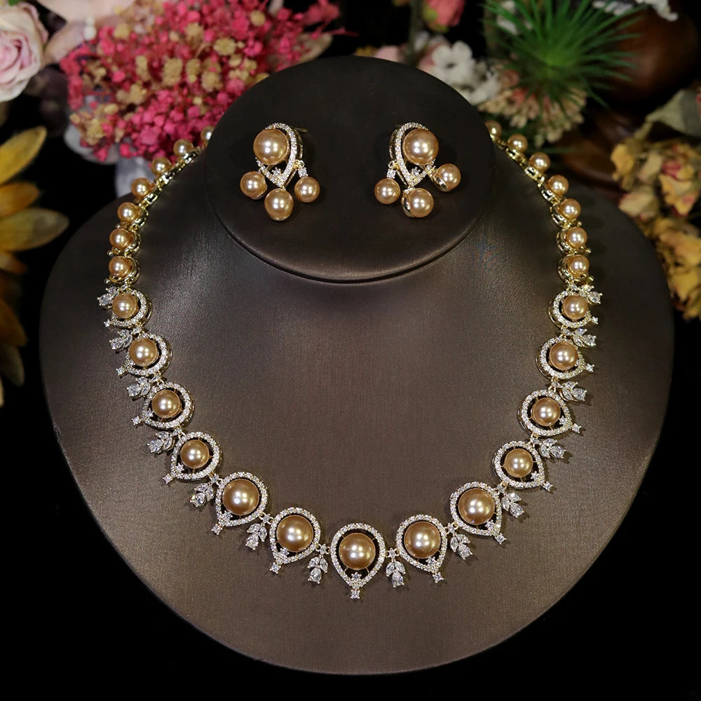 Luxury Round Shape Gold Color Pearl Necklace 2 Pieces Set , Bridal Wedding Dubai Saudi Jewelry for Women's Party